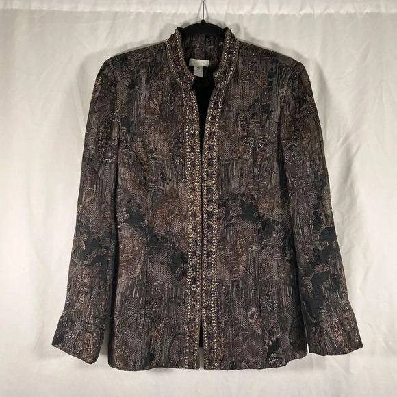 Chico's Jacket Women's Small Brown Textured Sequin Hook Eye Floral Blazer - Picture 1 of 9